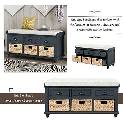 Wood Shoe Storage Benches with Cushion, Removable 2 Drawers for Entryway Livingroom Mudroom, Navy, 1 Rattan Baskets