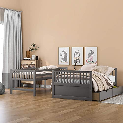 Harper & Bright Designs Twin Over Full Bunk Bed with Stairs and Slide, Multifunction Wood Bunk Bed with Storage Drawers, Gray