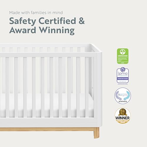 Storkcraft Santos 3-in-1 Convertible Crib (White with Natural) – GREENGUARD Gold Certified, Fits Standard Crib Mattress, Converts to Toddler Bed, Modern Style, Rounded Designer Details