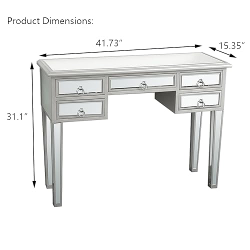 Henf Mirrored Vanity Desk Silver Console Table Sofa Table with 3 Faux Diamonds Drawers, Modern Glass Vanity Table Dressing Table Makeup Stand for Entryway/Foryer/Bedroom/Living Room