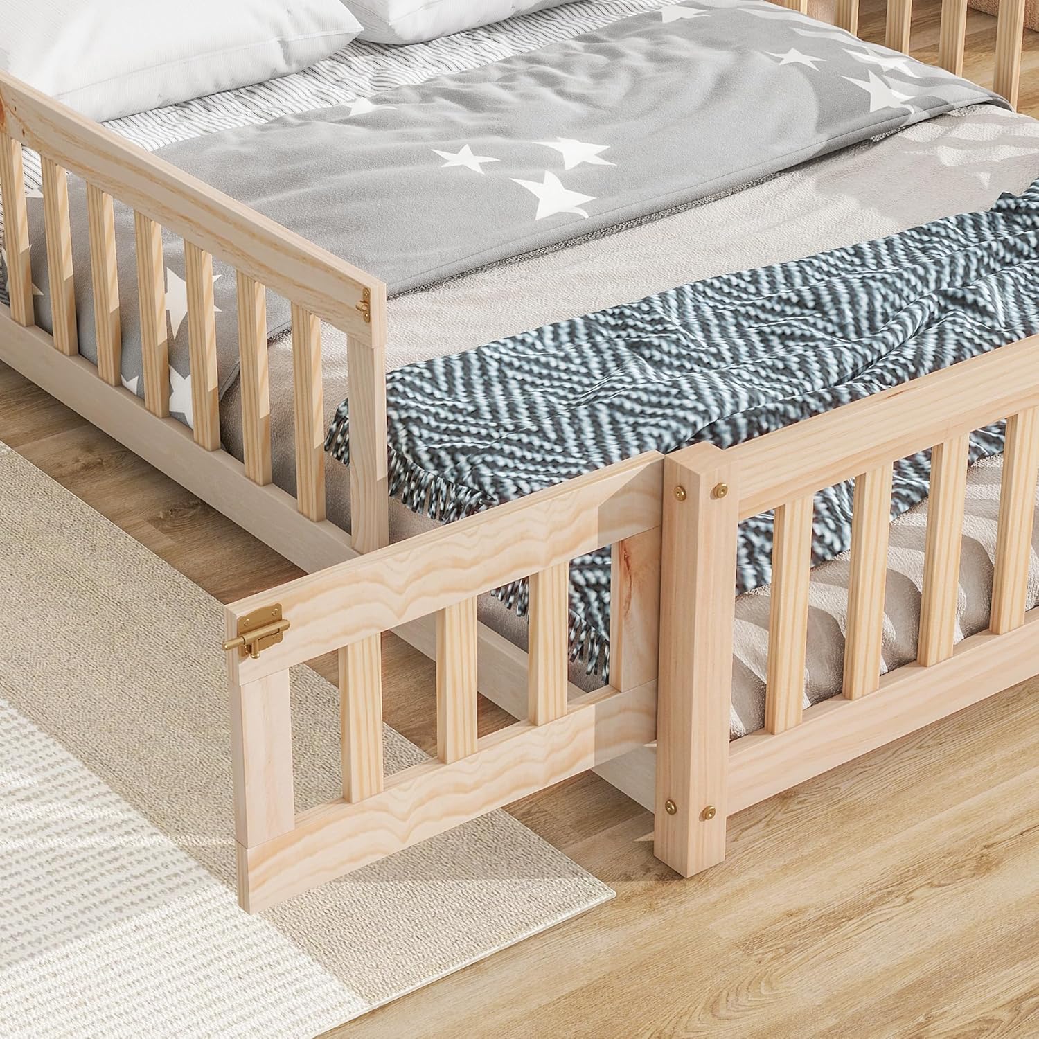 Full Size Floor Bed Frame with Fence & Door, Montessori Floor Bed with House-Shaped Headboard, Toddler Floor Bed for Kids Boys Girls, Easy Assembly, Natural