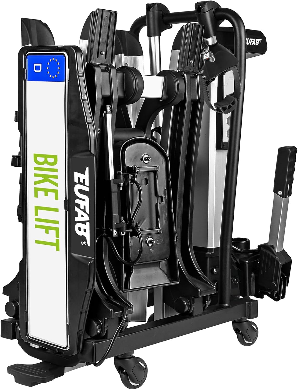 EUFAB 11554 Bicycle Carrier Bike Lift, Suitable for E-Bike, Fully Pre-Assembled, Electric Lower, Theft Protection, for 2 Bikes, for Towing Hitch, 2025 with Strap Frame Holders