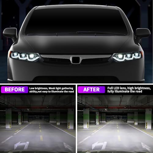 Full LED Headlights for Honda Civic Sedan 2006-2011, 3 Projector Head Lamp Assemblies for 8th gen Civic Sedan, Head Light with Sequential turn signal, Plug&Play, Pair
