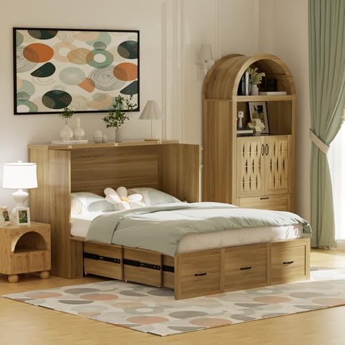 Full Size Murphy Bed Wood Wall Bed Cabinet with Large Drawer Space-Saving Hidden Foldable Platform Bed Chest Mobile Cabinet Bed Frame Storage Cabinet with USB Ports for Bedroom, Guest Room,Natural