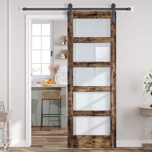 36x84 Inch Glass Sliding Barn Door Slab and 6.6ft Hardware Kit Included, 5 Frosted Glass, LVL Wood Panel Covered with White Water-Proof Scratch-Proof PVC Surface, Simple DIY Assembly