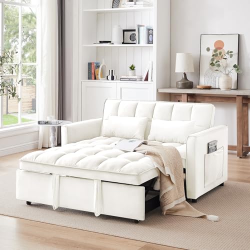 3 in 1 Convertible Sleeper Sofa Bed,Futon Loveseat Couch with Pull-Out Bed & Adjustable Backrest,Velvet Fabric Sofa with Side Pocket for Small Apartment, Living Room, Office (Black)