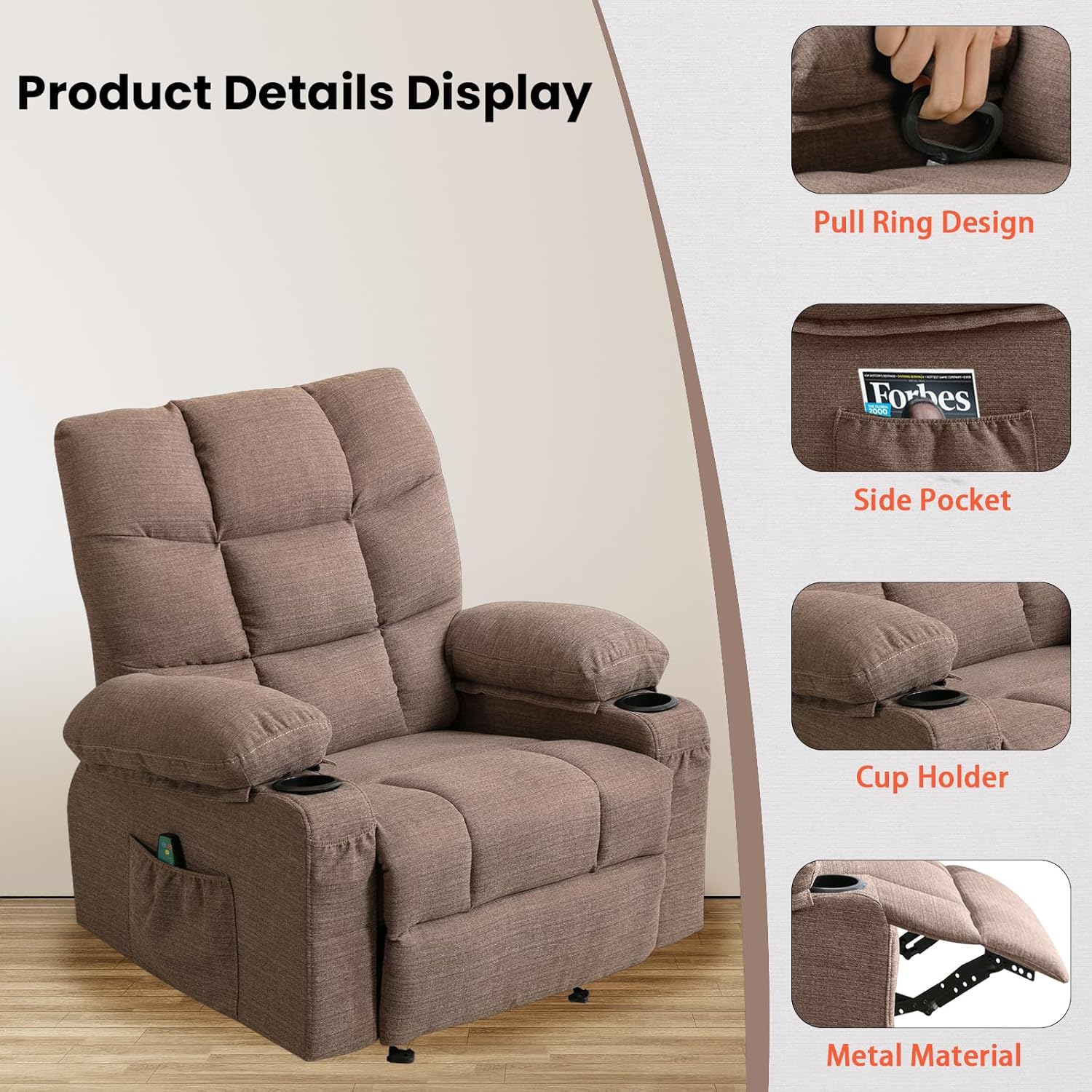 Boy Lazy Recliner Chair for Adults & Elderly with 8 Points Power Massage & Lumbar Heated - Modern Adjustable Manual Fabric Recliner Sofa with Lay Flat 150° 2 Cup Holders Side Pockets,Brown