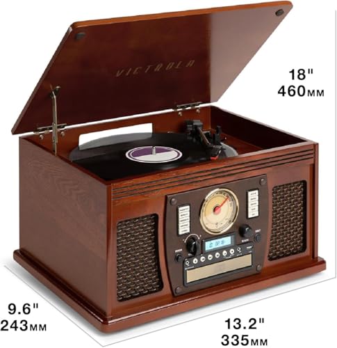 Victrola Navigator 8-in-1 Bluetooth Record Player with Built-in Speakers– 3 Speed Turntable, CD Player, Cassette, FM Radio, USB, RCA Out, Headphone Jack, Wireless Music Streaming, Real Wood (Mahogany)