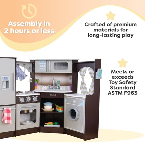 KidKraft Ultimate Corner Wooden Play Kitchen with Lights & Sounds, Play Phone and Curtains, Espresso, Gift for Ages 3+