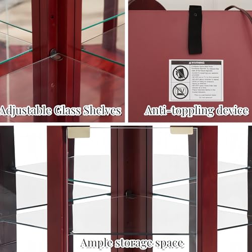 Glass Display Cabinet with Glass Doors, Corner Curio Cabinet with 4 Adjustable Glass Shelves, China Cabinet with Wooden Flower Carving for Living Room, Hallway, Cherry