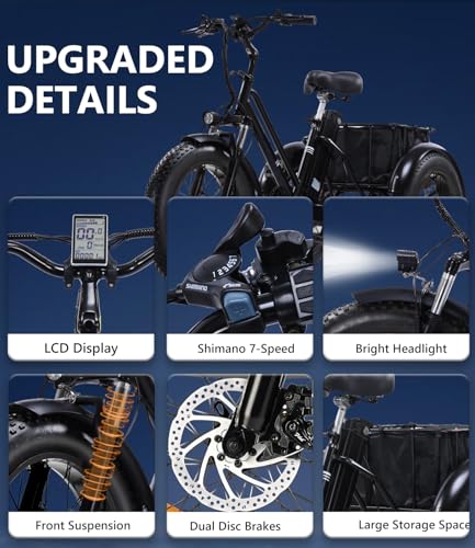 Electric Tricycle for Adults, Peak 750W/500W, Electric Trike, 20"x4.0" Folding Fat Tire 3 Wheel Electric Trike, Max 20MPH,with Large Basket and 48V 15/13 Ah Removable Battery