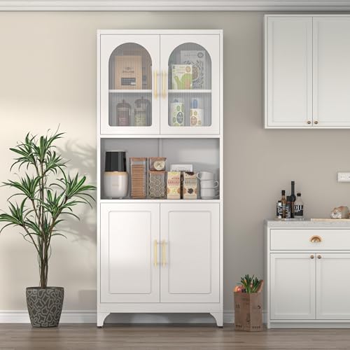 Kitchen Pantry Cabinet with Acrylic Glass Doors, 75" Metal Kitchen Hutch with Countertop, Adjustable Shelves, Freestanding Food Pantry Cabinet for Living, Dining Room, Black, Assembly Required