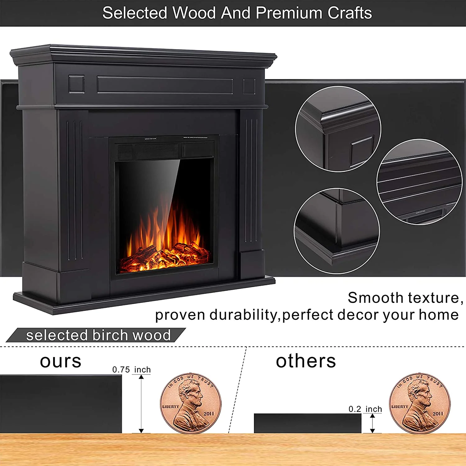 KISSAIR Electric Fireplace Mantel Package Wooden Surround Firebox TV Stand Free Standing Electric Fireplace Heater with Logs, Adjustable Led Flame, Remote Control, 750W-1500W (Black)