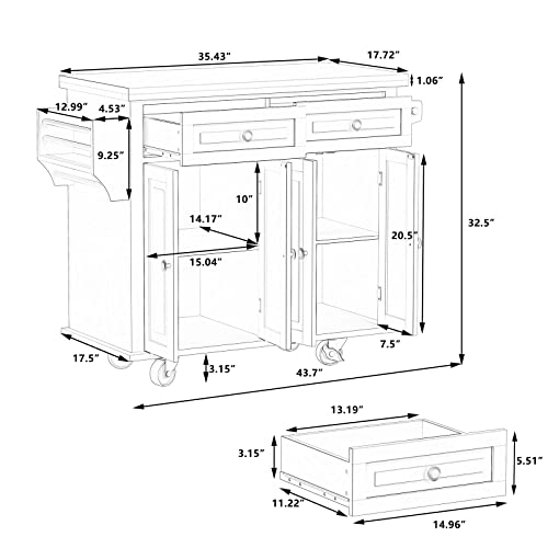 Kitchen Island Cart on Wheels with Wood Top and Drop Leaf Breakfast Bar, Rolling Kitchen Trolley with 2-Door Storage Cabinet, 3 Drawers, Towel and Spice Rack 43.31"x16.93"x36.02", White