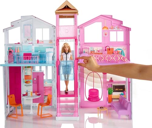 Barbie Doll House Playset, 3-Story Townhouse with 4 Rooms & Rooftop Lounge, Furniture & Accessories Including Swinging Chair (Amazon Exclusive)