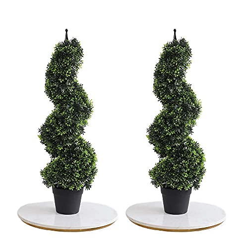 momoplant Artificial Boxwood Plant Topiary Tree 35inch Fake Feaux Spiral Plants Green Outdoor Indoor Home Office Porch, Set of 2 (3ft)