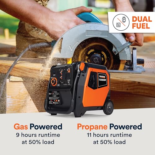 Generac 3,300-Watt Gas-Powered Portable Inverter Generator - Lightweight Design - USB Ports for Mobile Device Charging - COsense Technology - Perfect for Home use - Orange/Black