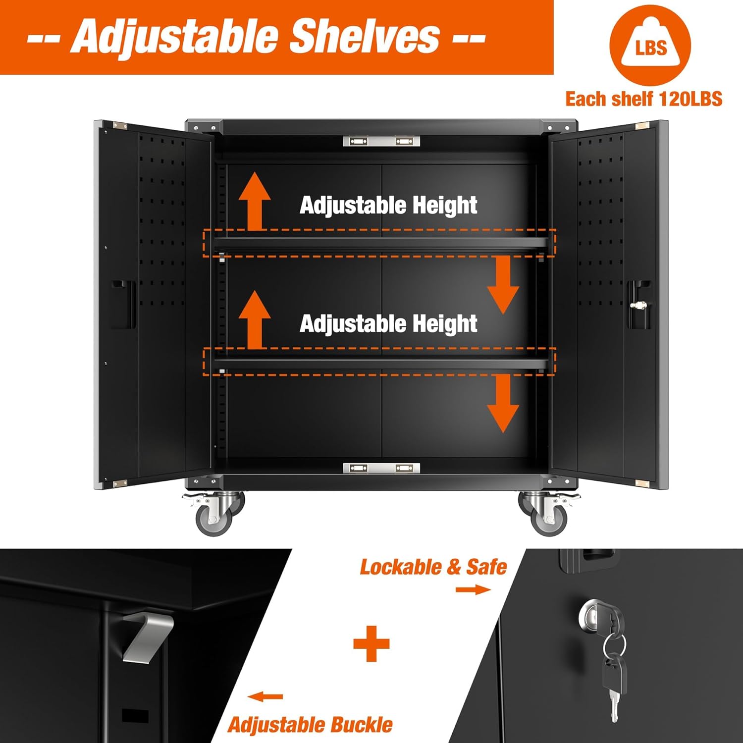 Aobabo Metal Garage Storage Cabinet with Wheels,Steel Storage Cabinet with Pegboard and 4 Hooks for Garage,Home Storage,Assembly Required (Black)
