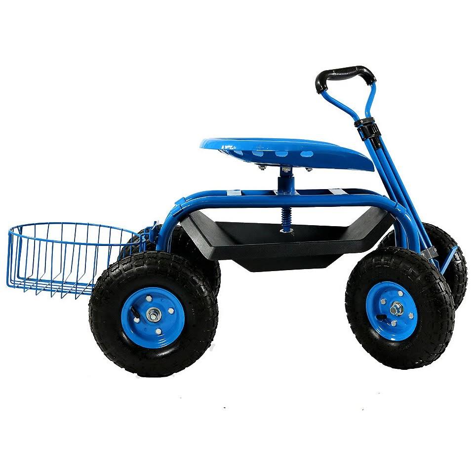 Sunnydaze Blue Rolling Garden Cart with Extendable Steering Handle, Swivel Seat