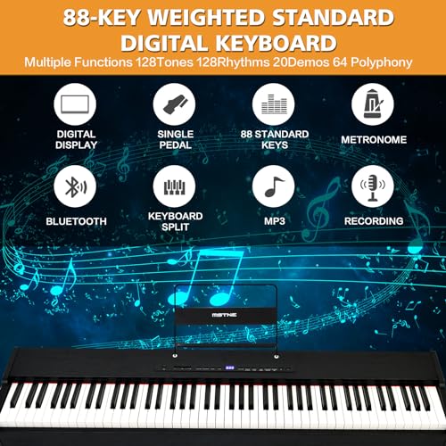 Digital Piano 88 Key Weighted Keyboard with Hammer Action, Full Size Weighted Keyboard piano 88 Key with 2x30W Speakers, Adjustable Stand, Carrying Case, Sustain Pedal, Headphone, ABS, Black