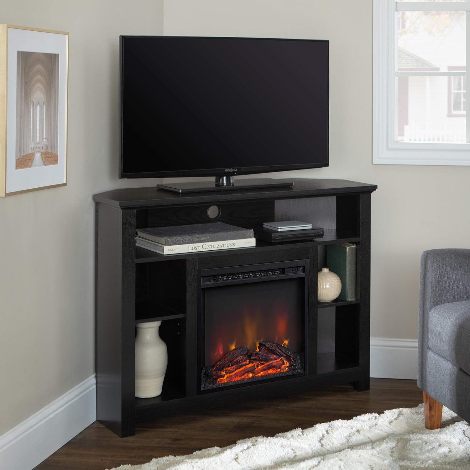 Walker Edison Alcott Classic Glass Door Fireplace Corner TV Stand for TVs up to 55 Inches, 48 Inch, Espresso