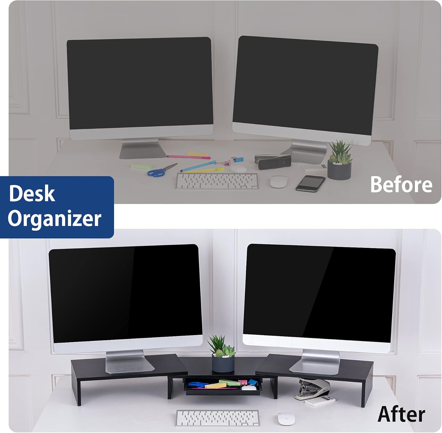FITUEYES Dual Monitor Stand &ndash; 3 Shelf Computer Monitor Riser, Wood Desktop Stand with Adjustable Length and Angle, Desk Accessories, Office Supplies Medium Black, with Storage Drawer