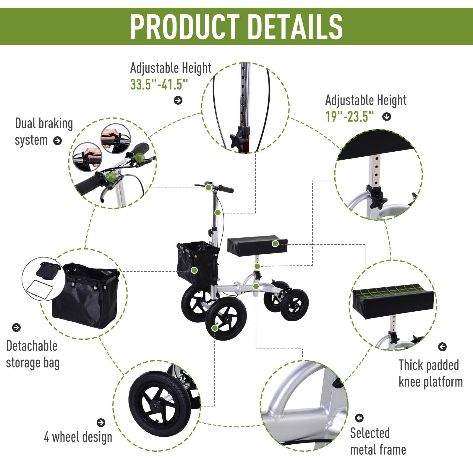 HomCom Knee Scooter with Basket Storage - Walker Mobility During Medical Rehabilitation u0026 Injury - Folding for Transport - S
