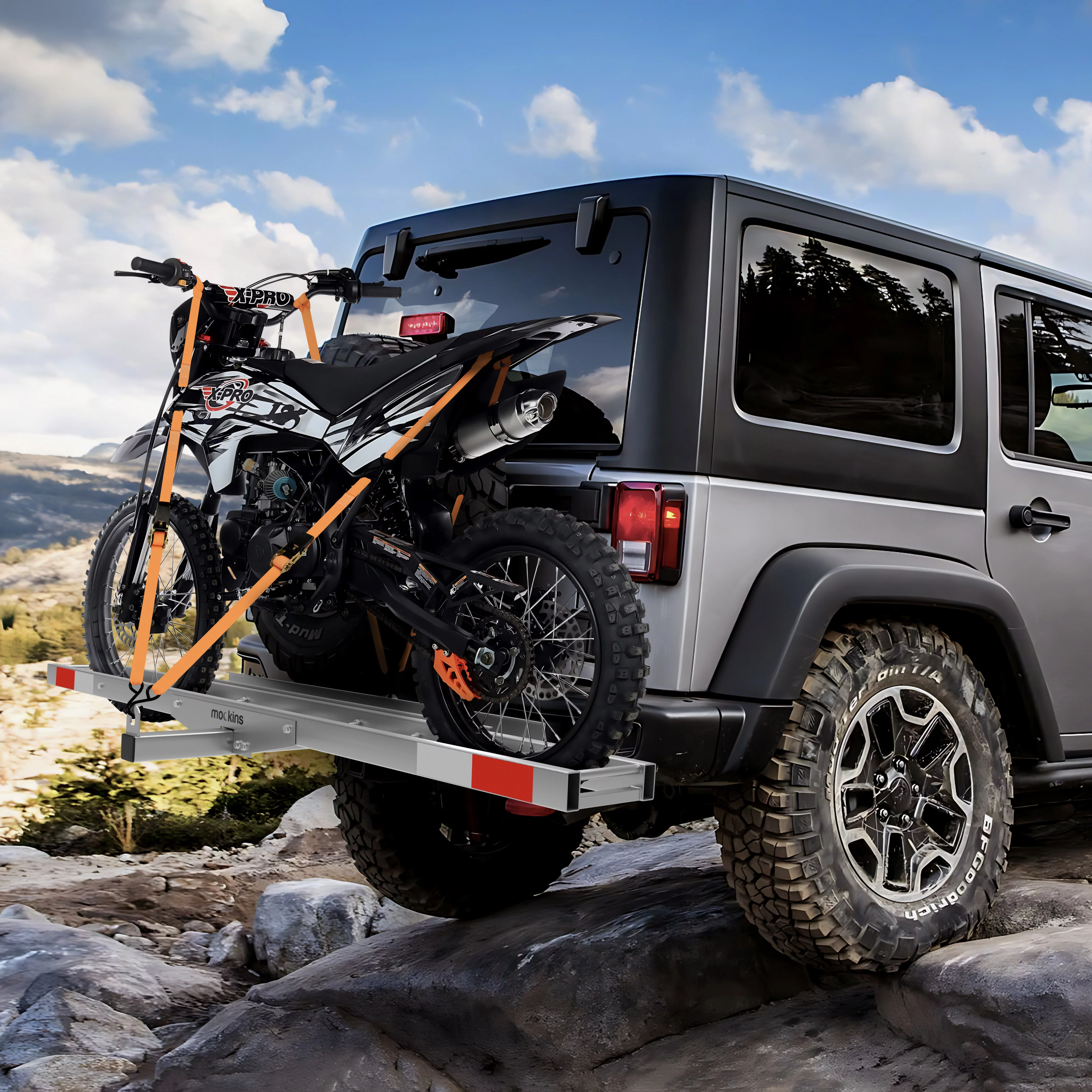 Mockins 73" Stainless Steel Dirt Bike Hitch Mount Hauler with Ramp and Accessories - Rust Proofed Hitch Carrier Supports 500 lbs.