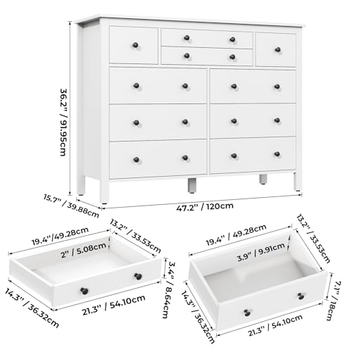 10 Drawer Large Black Dresser for Bedroom, 47.2" Long Chest of Drawers with Deep Drawers, Modern Wooden Storage Dresser for Closet, 36.2" Tall TV Stand for Living Room, Hallway, Entryway
