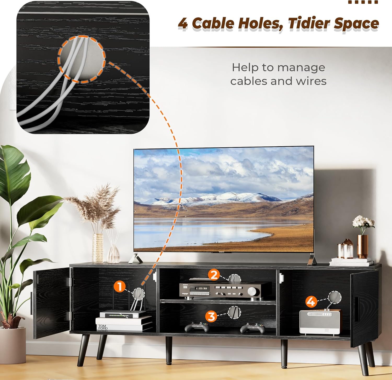 SUPERJARE TV Stand for 55 Inch TV, Entertainment Center with Adjustable Shelf, Huuger Night Stand with Charger Station, for Living Room, Bedroom, Black