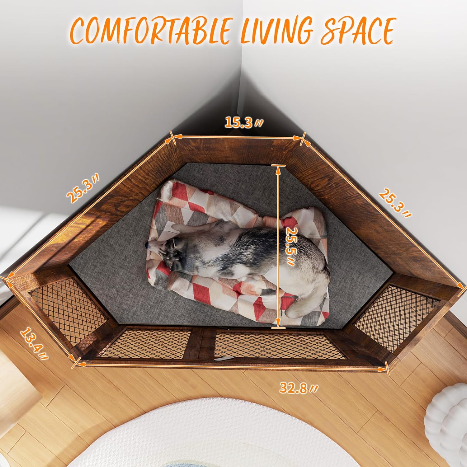 PUKAMI Corner Dog Crate Furniture,44/52inch Wooden Dog Kennel Furniture with Mesh,Decorative Wood Dog House for Indoor use,Dog Crate for Small/Medium/Large Dog,Perfect for Limited Room