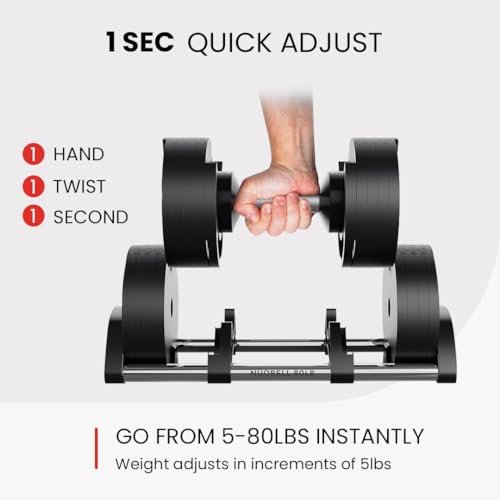 NUOBELL Adjustable Dumbbells Pair 5-80 lbs : the Adjustable Dumbbell Set to Replace 16 Sets of Dumbbells. Add Nuobell Dumbbells 80lb and Free Weights to Your Home Gym. Just Twist the Handle to Adjust and Start Your Exercise.