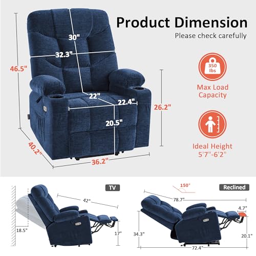 MCombo Power Lift Recliner Chair with Extended Footrest for Elderly People, Fabric 7287 (Navy Blue, Medium)