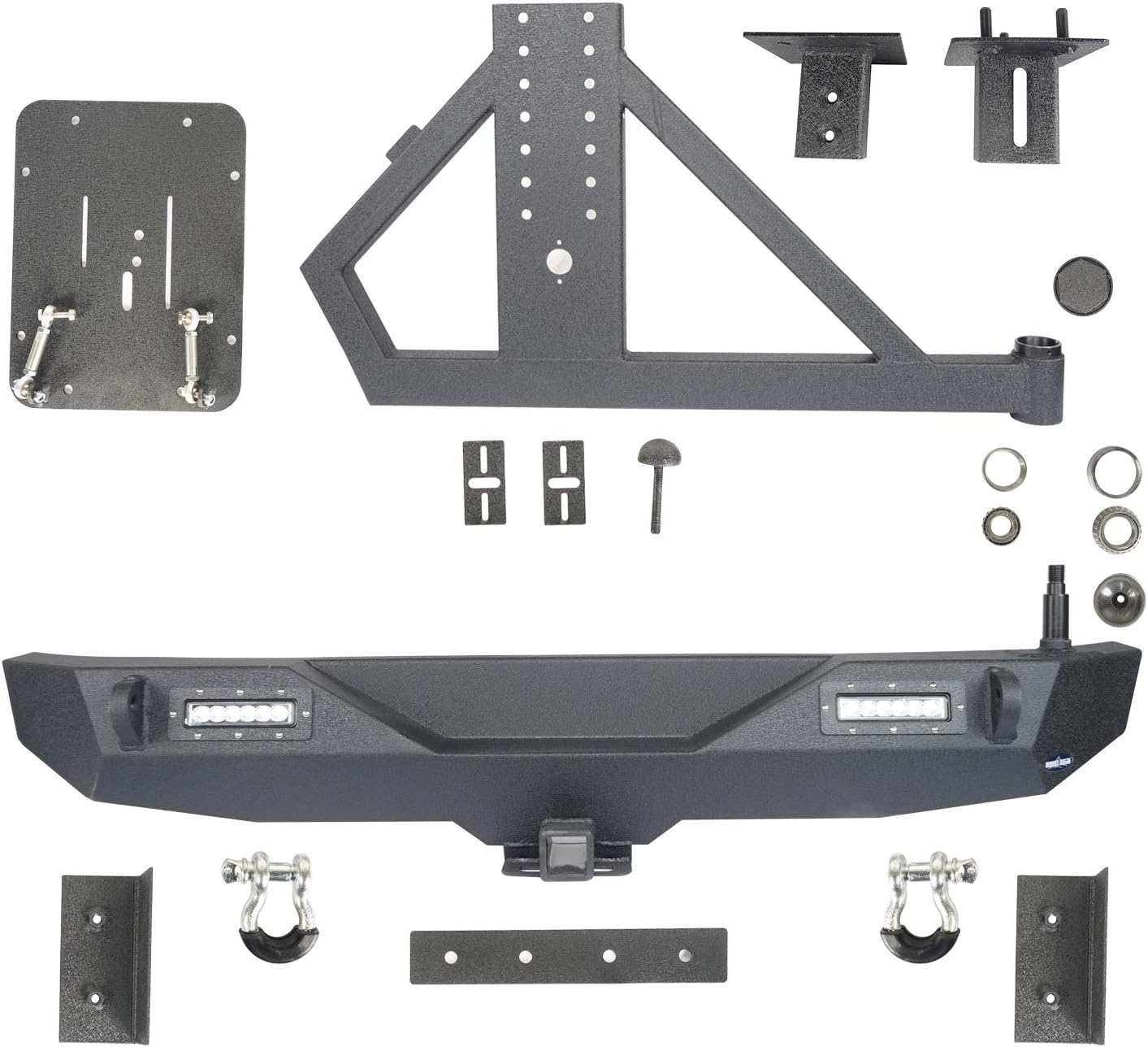Hooke Road Wrangler JK Rear Bumper with Spare Tire Carrier and 2 Receiver Hitches Compatible with Jeep Wrangler JK & Unlimited 2007-2018