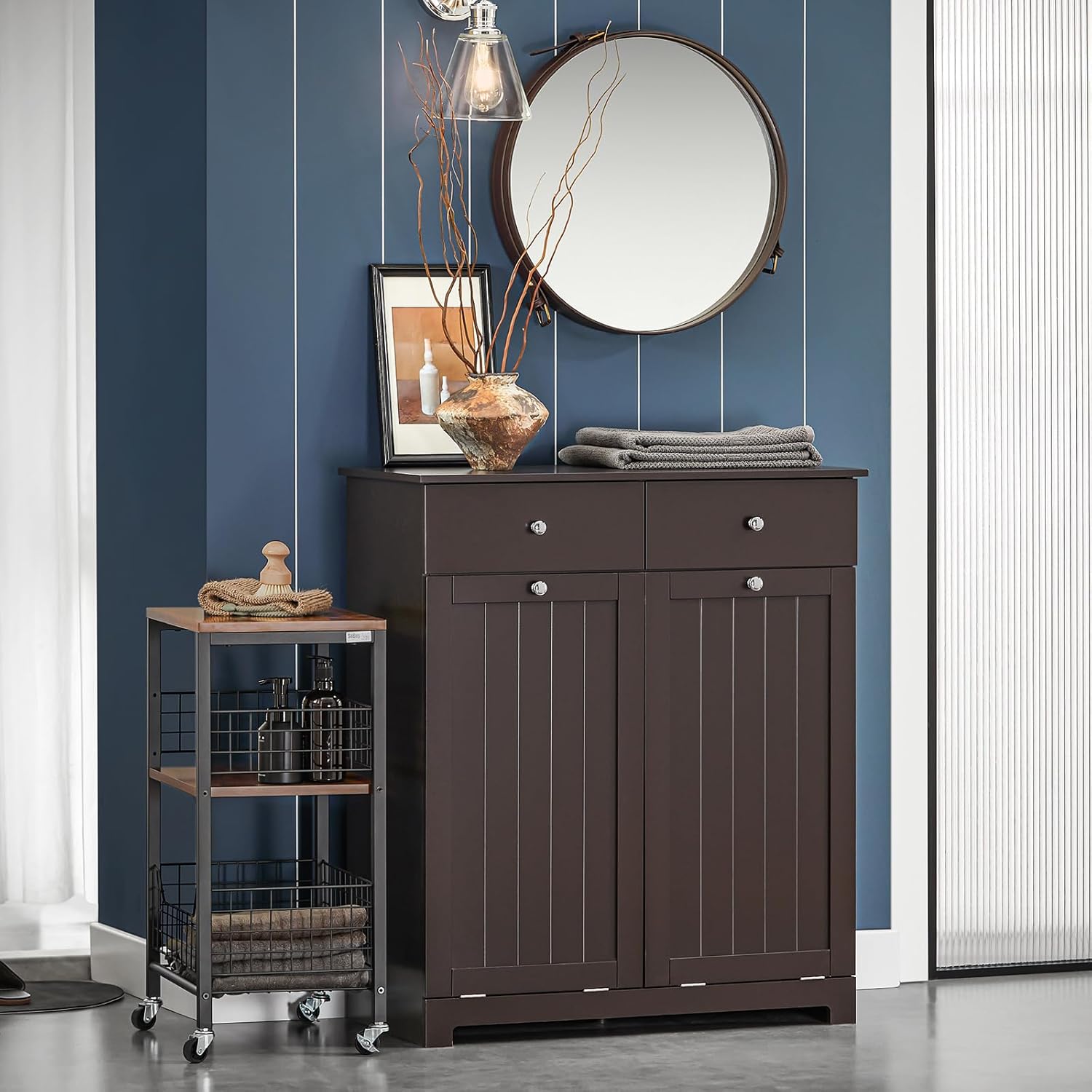 Haotian Laundry Hamper Cabinet with 2 Drawers and Wall Cabinet, BZR33-BR+FRG231-BR