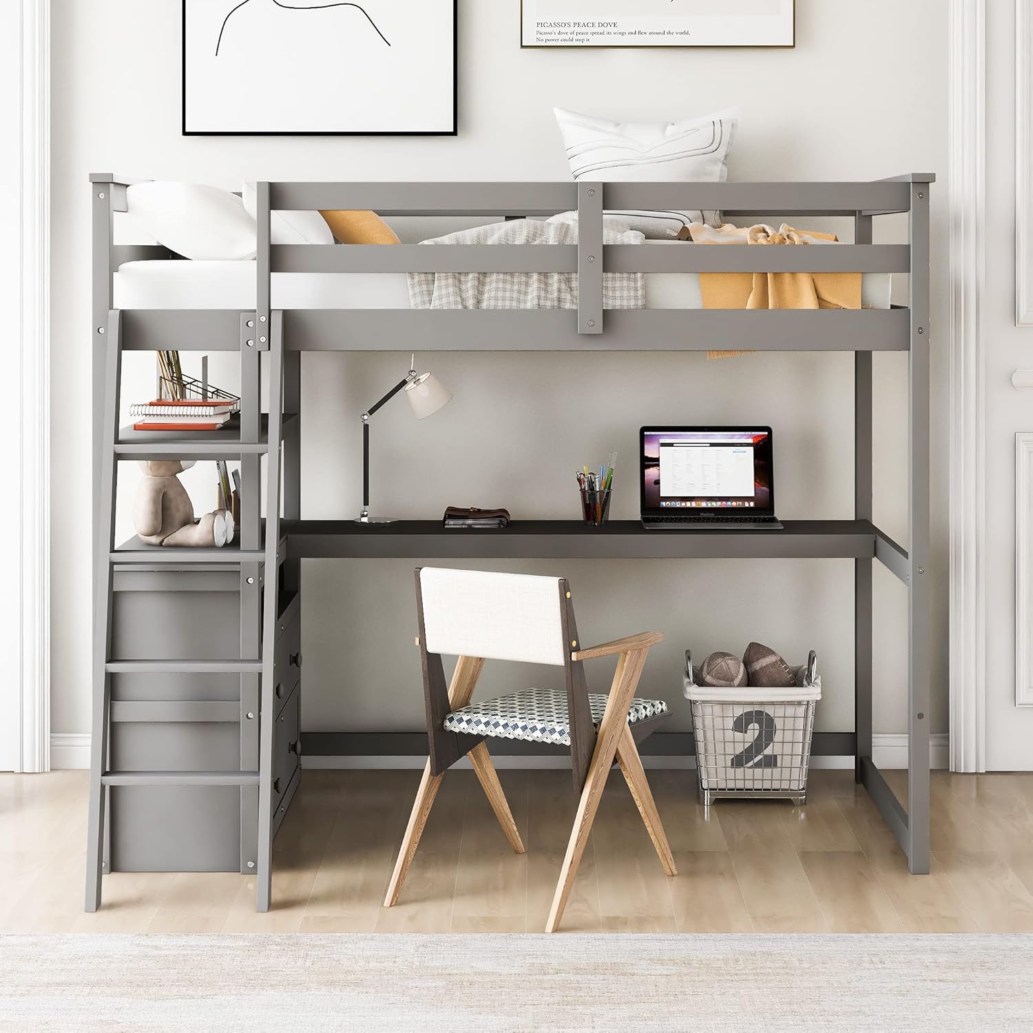Merax Twin Size Loft Bed with Desk, Shelves and Two Built-in Drawers, Solid Wood Bed Frame for Teens, Grey