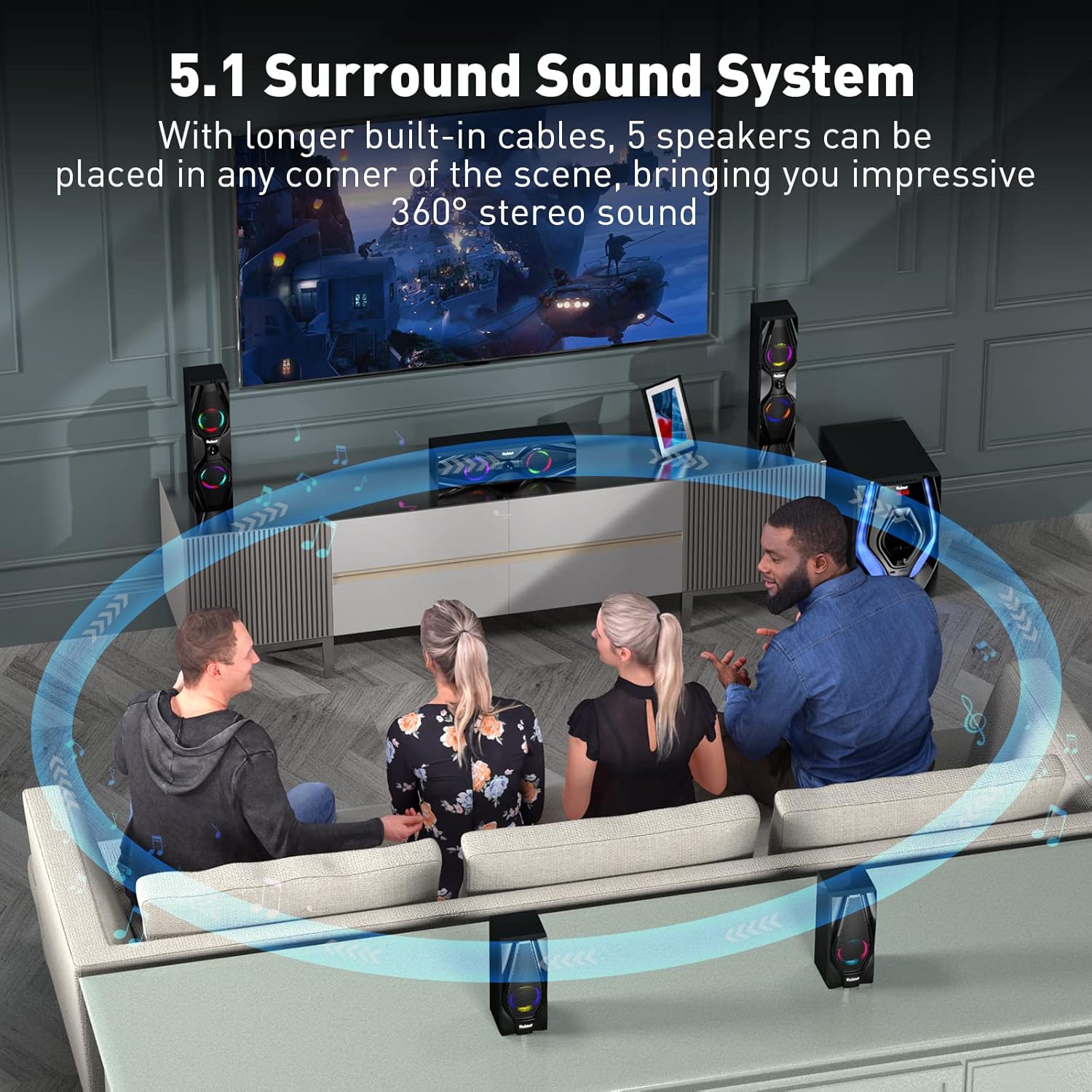 Bobtot Surround Sound Speakers 1200W Peak Power Home Theater System with RGB Lights - 10" Subwoofer 5.1/2.1 Wired Stereo System Strong Bass Bluetooth Input Home Audio System
