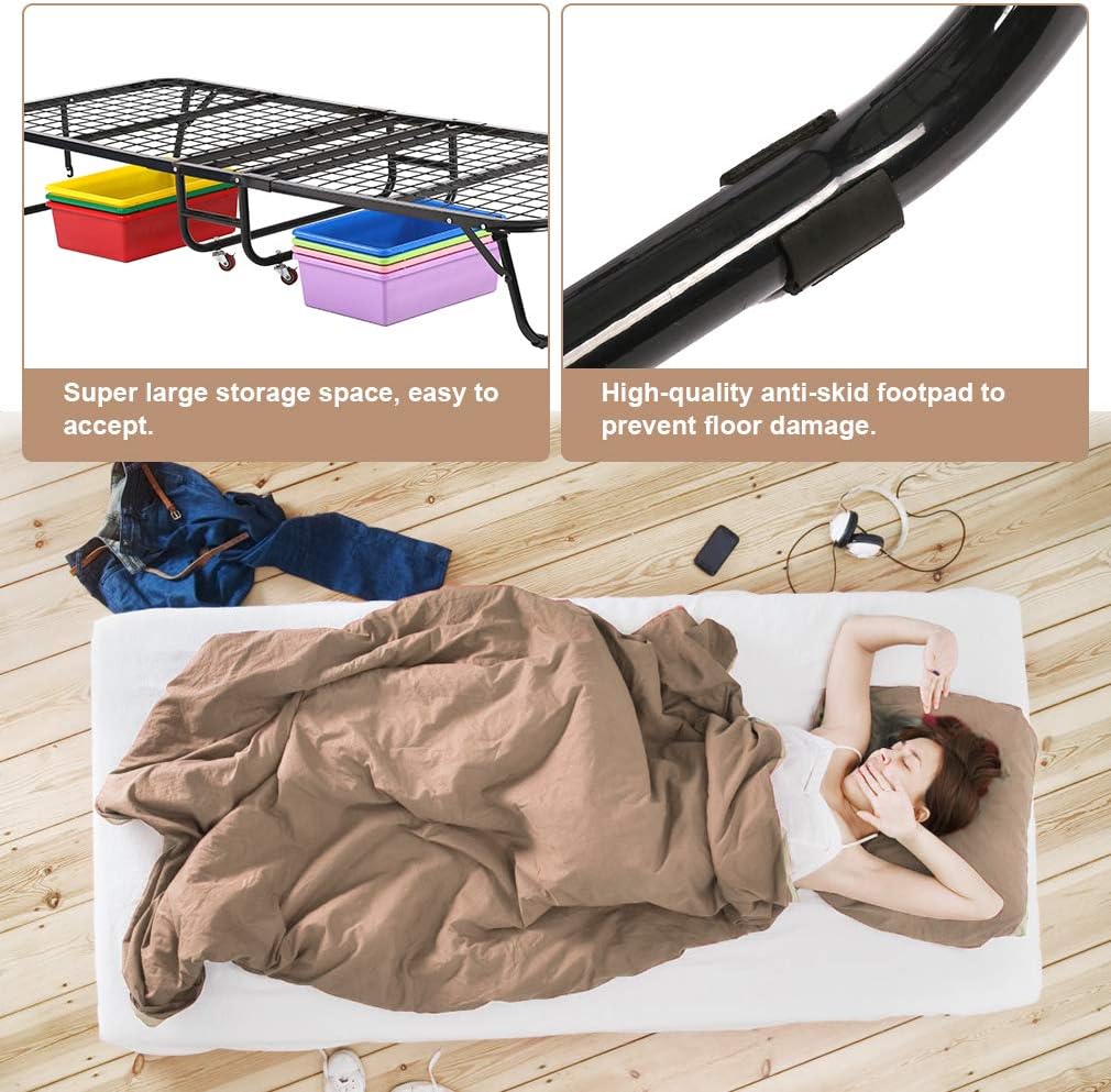 Folding Guest Bed with Wheels Portable Camping Cot Guest Beds Portable Beds Extra Roll Away Foldaway 3.9 Inch Comfort Foam Mattress Strong Sturdy Frame Heavy Duty L75W30H12 Inches，White