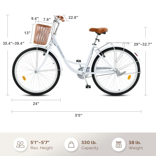 Viribus Beach Cruiser Bike for Women, Womens Bike 24 26 inch, Cruiser Bike with Basket 1 Speed, Bicycle Bike for Short Women, Step Through Bike, Commuting Bike, Adult Bicycles for Women