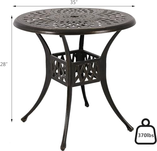 Patio Dining Table,Cast Aluminum Patio Table with Umbrella Hole, Outdoor Bistro Table for Backyard, Garden, Patio…