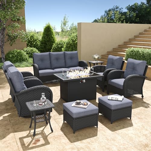 5 Pieces Wicker Patio Furniture Set, Luxury Outdoor Conversation Set with High Back Swivel Rocker Chairs