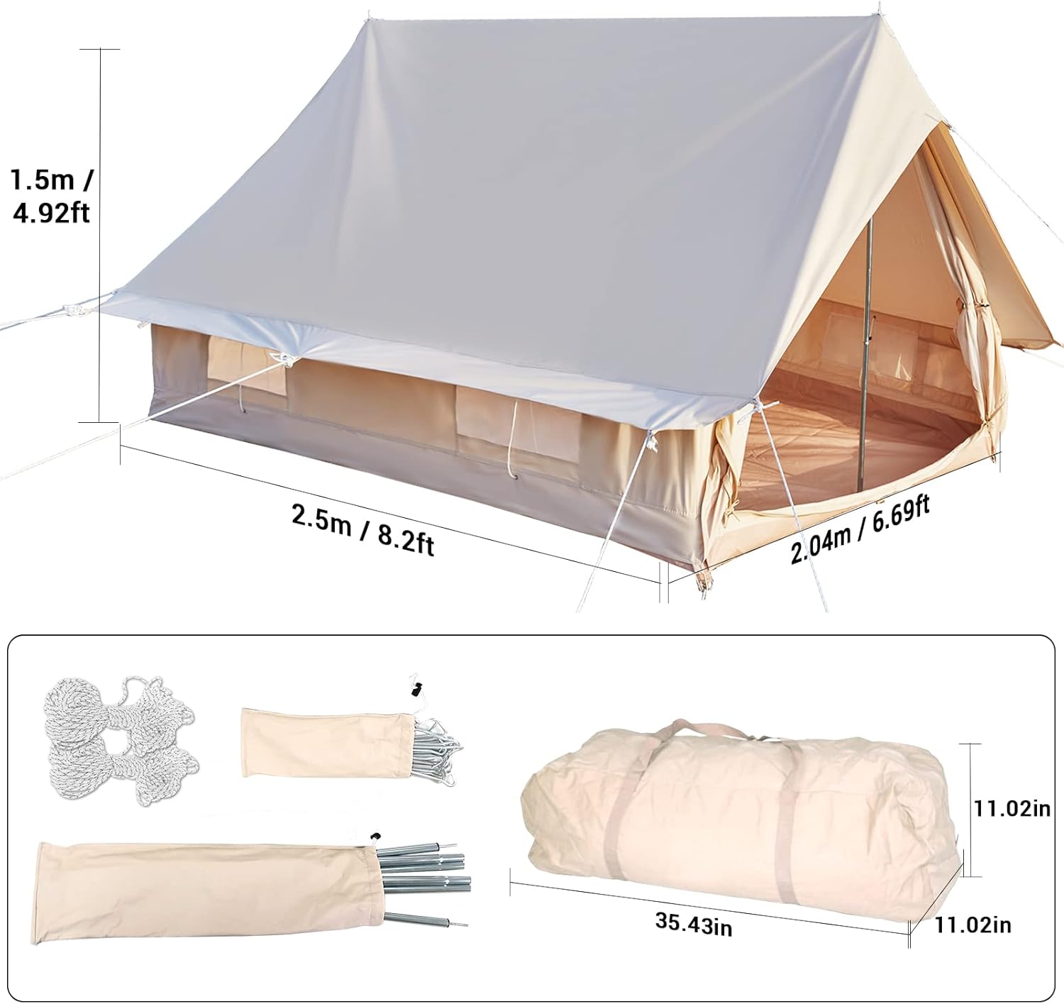Double Door Canvas Glamping Tent Rainproof, Camping Bell Tent for 4 Person with Windows, Easy Set-Up All Season Tents - Embrace Outdoor Luxury with Family-Friendly Tent and Ready for Thrills