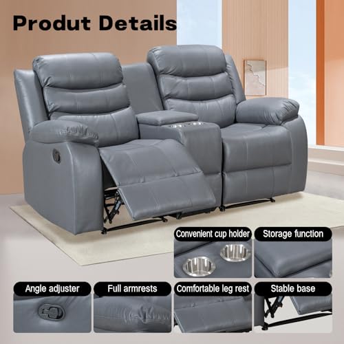 Air Leather Recliner Sofa, Manual Double Recliner with Cup Holder and Storage Space, Living Room/Bedroom/Meeting Room Double Recliner Sofa,Grey