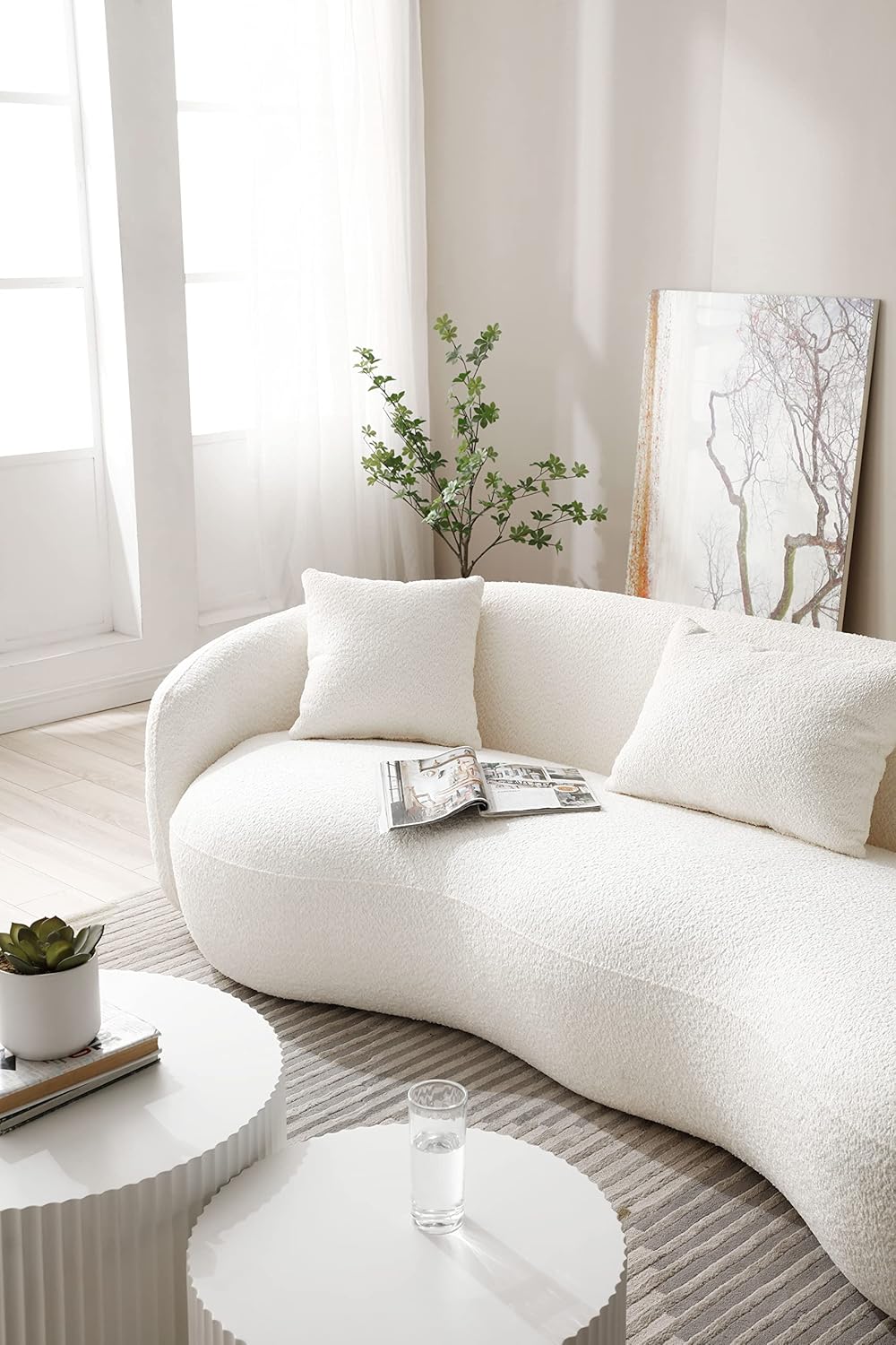 Unique Curved Sofa,Modern Boucle Upholstered Cloud Couch with 3 Throw Pillows, 4-Seat Teddy Fleece Leisure Sectional Sofa&Couch Lounge Chaise for Living Room, Office, Apartment, Beige 93.6"