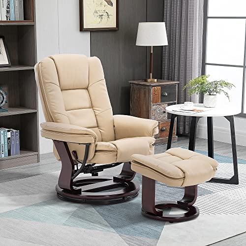 Swivel Recliner Chair with Ottoman Footrest Leather Adjustable Stressless Armchair, Beige