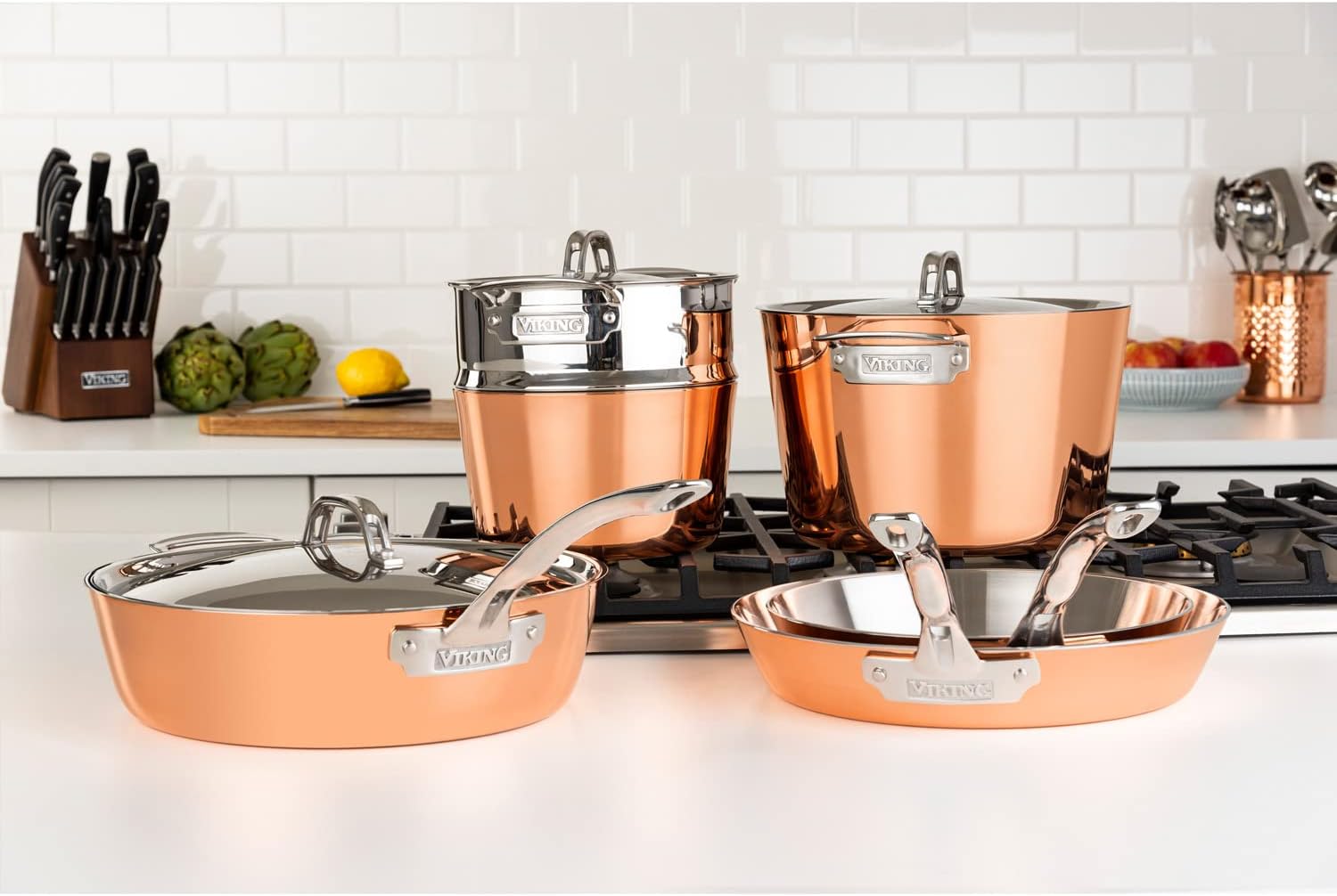 Viking Culinary Contemporary 4-Ply Copper Clad Cookware Set with Metal Lids, 9 Piece, Oven Safe, Works on All Cooktops including Induction