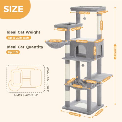 PAWZ Road Large Cat Tree, 73 Inches Tall Wooden Cat Tower with 2 Spacious Hammocks,2 Big Top Beds,8 Fully Scratching Posts and Natural Wood Posts, Multi Cat Tree for Indoor Cats Large Adult-XL