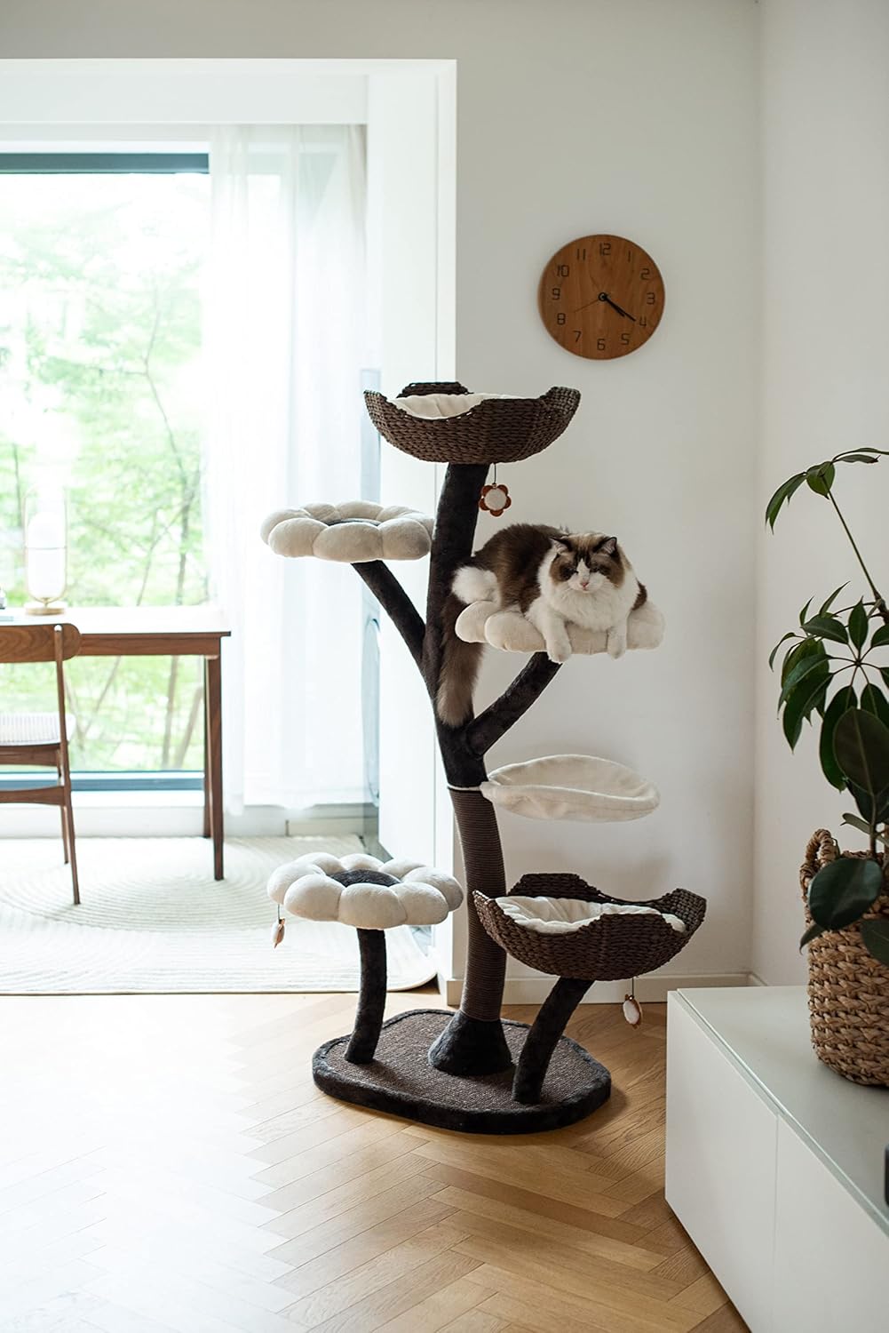 Catry Cat Tree - Woodowoodo - All-in-One Cat Tower with Cat Scratching Post, Cat Hammock, Hand Woven Paper Baskets, & Teasing Toy