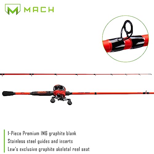 Lew's MACH Smash Baitcast Reel and Fishing Rod Combo, IM6 Graphite Blank Fishing Rod, Split Grip Winn Dri-Tac Handle, Fluorescent Red