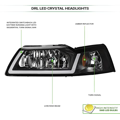7422440591543 Compatible With 1999-2004 Ford Mustang Switchback Sequential LED Strip Bar Chrome Housing Headlights With Amber Reflector